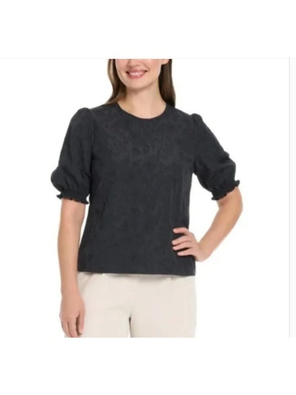 Ted Baker Women's M Black Textured Puff Sleeve Keyhole Back Blouse C1014